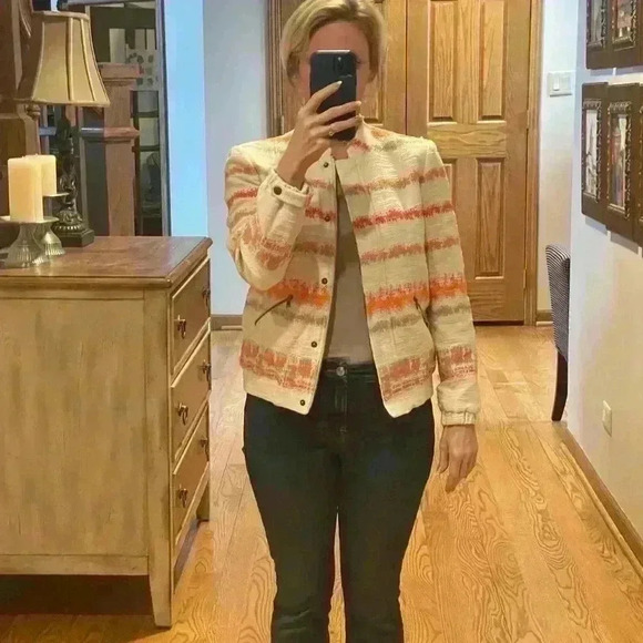 Alice + Olivia Orange Cream Stripped Aztec Jacket Lightweight Coat Size Medium. - Picture 5 of 14